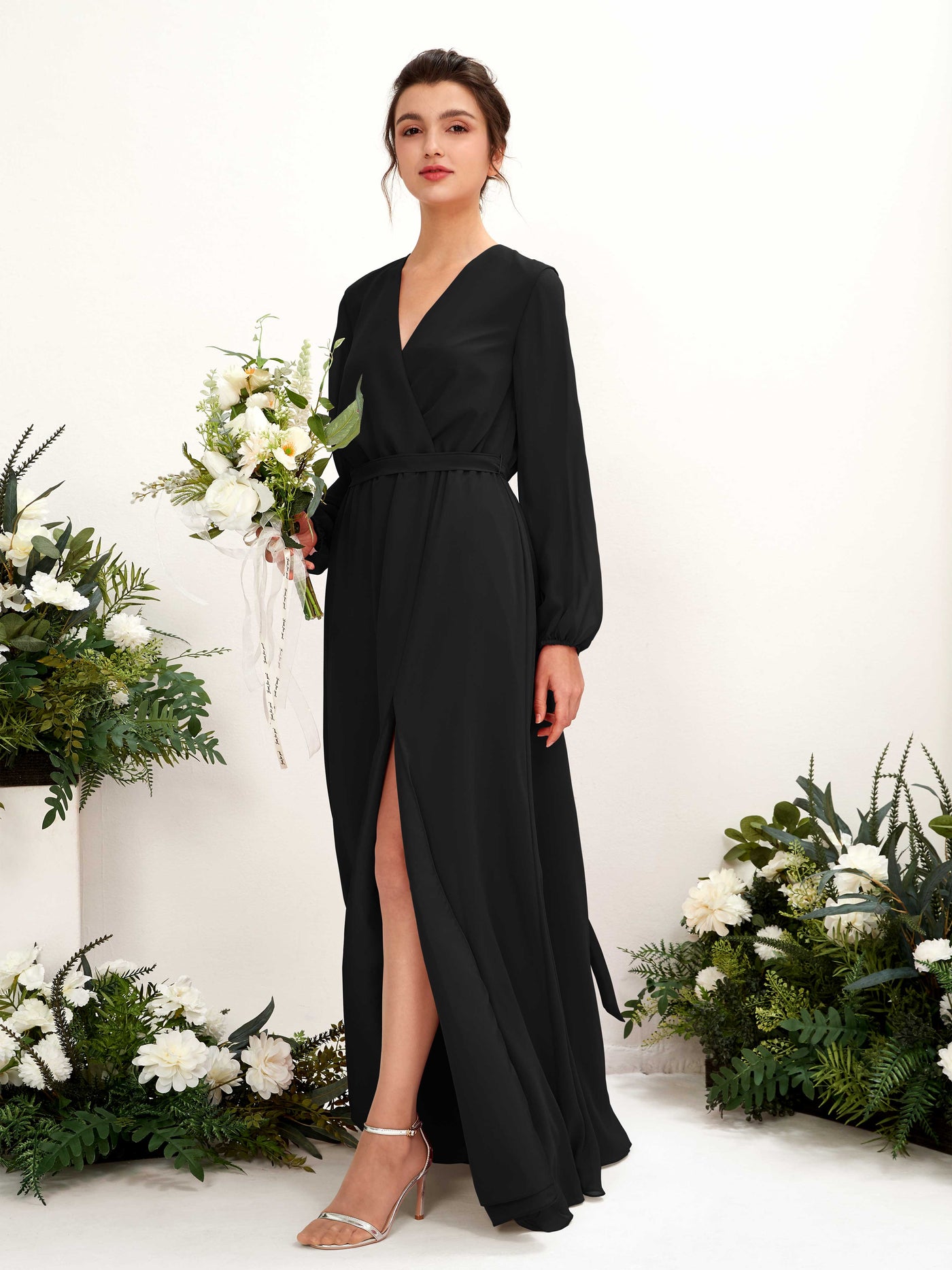 Black Bridesmaid Dresses Bridesmaid Dress A-line Chiffon V-neck Full Length Long Sleeves Wedding Party Dress (81223215)#color_black