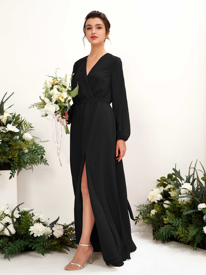 Black Bridesmaid Dresses Bridesmaid Dress A-line Chiffon V-neck Full Length Long Sleeves Wedding Party Dress (81223215)