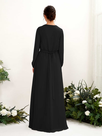 Carlyna Elsie A-Line Black Bridesmaid Dress Maxi Long Sleeve V-Neck Back View #color_black
