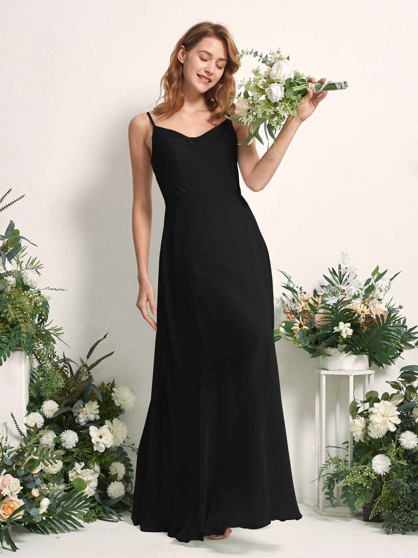 Bridesmaid Dress A-line Chiffon Spaghetti-straps Full Length Sleeveless Wedding Party Dress - Black (81227215)#color_black