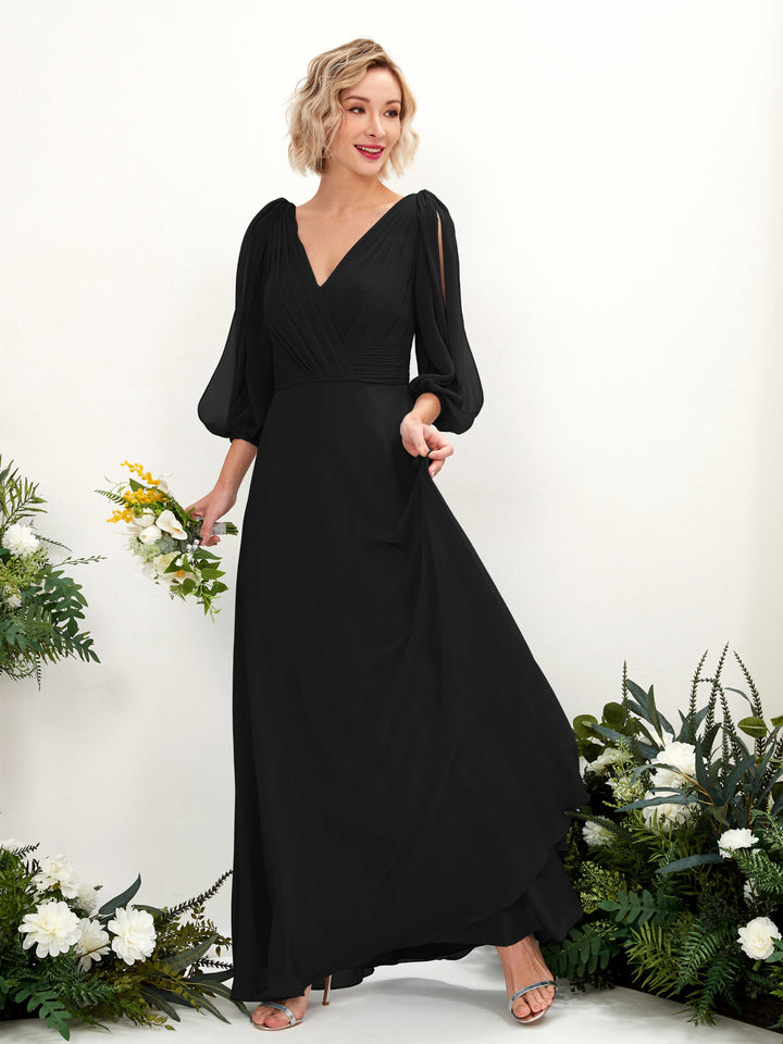 Black Bridesmaid Dresses Bridesmaid Dress Chiffon V-neck Full Length Long Sleeves Wedding Party Dress (81223515)