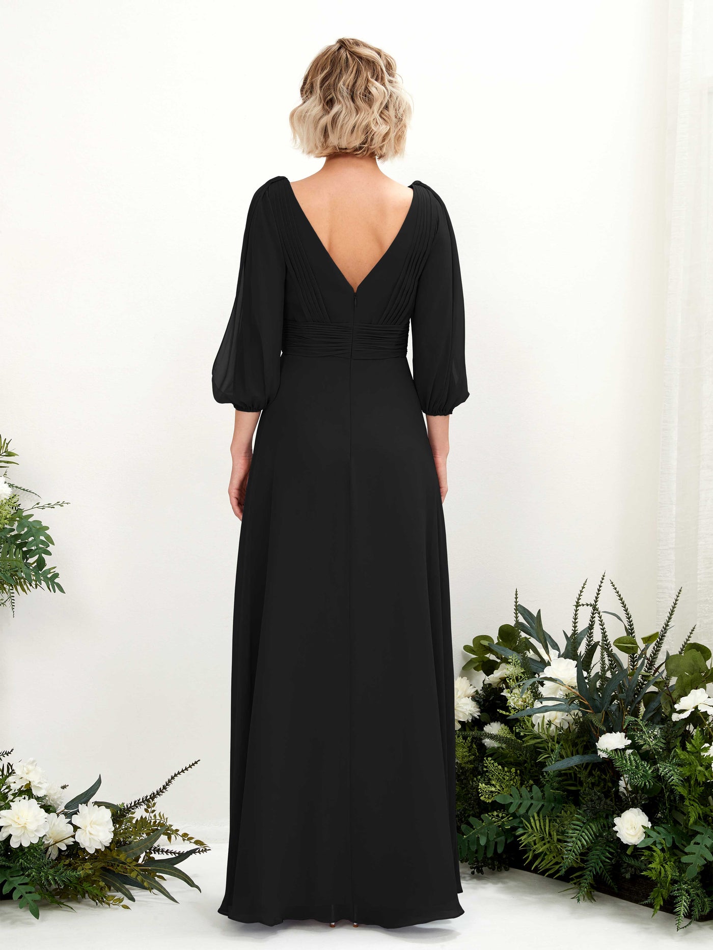 Black Bridesmaid Dresses Bridesmaid Dress Chiffon V-neck Full Length Long Sleeves Wedding Party Dress (81223515)#color_black