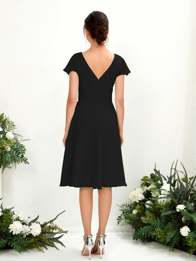 Carlyna Betty A-Line Black Bridesmaid Dress Knee-Length Short Sleeve V-Neck Dress Back View #color_black