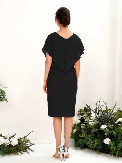 Carlyna Vanessa Sheath Black Bridesmaid Dress Knee-Length Cap Sleeve V-Neck Dress Back View #color_black