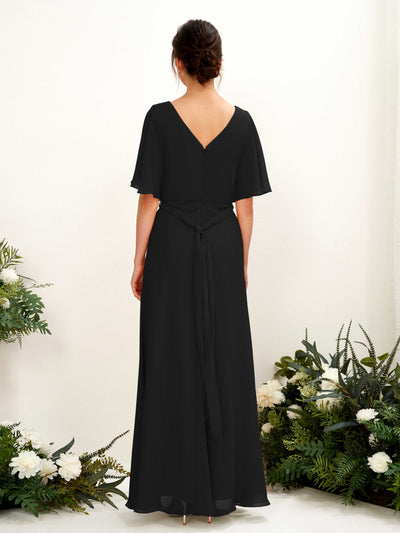 Carlyna Merta A-Line Black Bridesmaid Dress Maxi Short Sleeve V-Neck Dress Back View #color_black