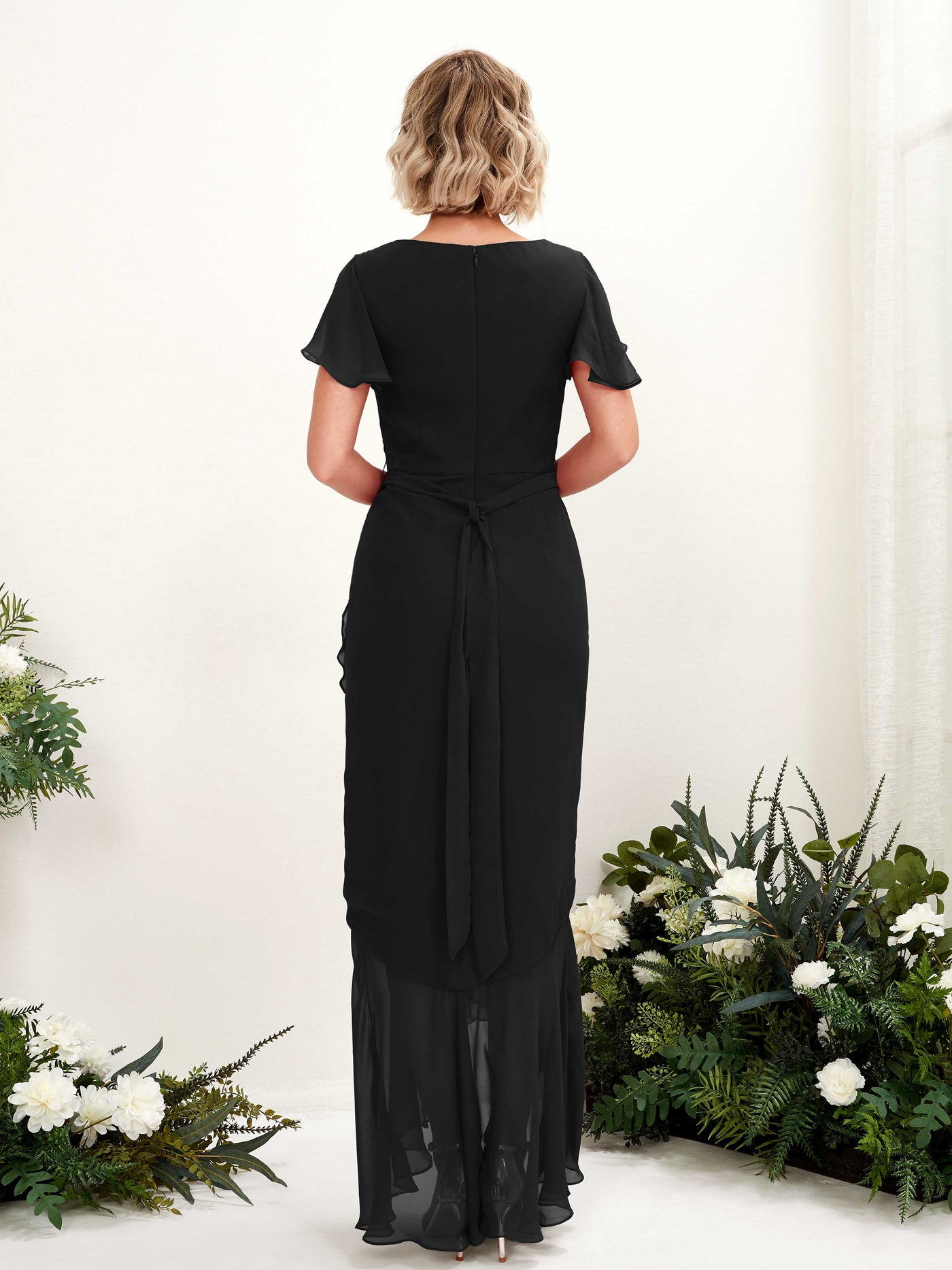 V-neck Short Sleeves Chiffon Bridesmaid Dress - Black (81226215)#color_black